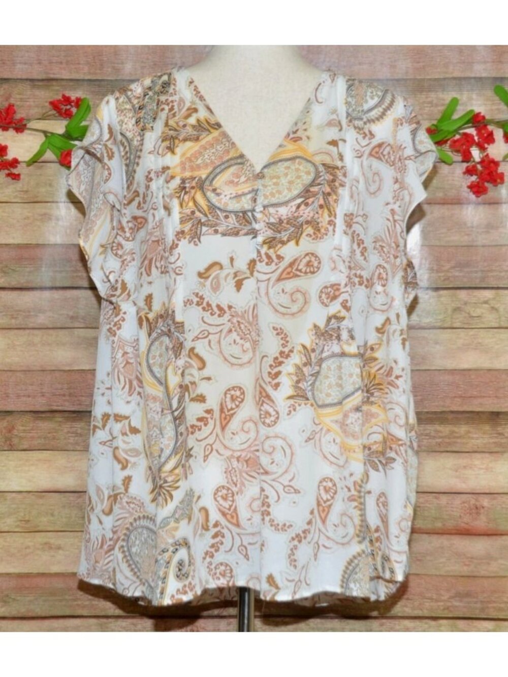 Cynthia Rowley Womens 1X Brown Paisley Print Boho Blouse V-Neck Short Sleeve Top